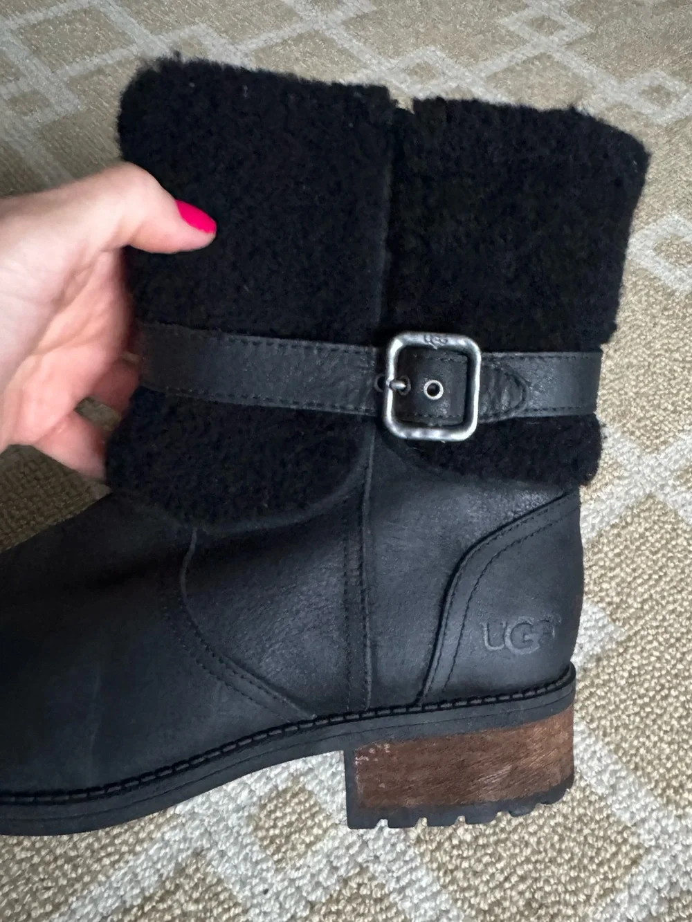 UGG Blayre II Leather Shearling Buckle Moto Ankle Boots Black Size 8